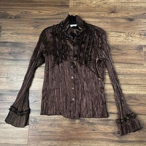 Vintage Y2K NESS Chocolate Brown‎ Ruffle Blouse Boho Goth Cottagecore Top Size S